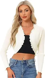 [Allegra K] Women's Crop Shrug Ruffle Trim Long Sleeve Knit Elegant Open Front Casual Bolero Cardigan, Apricot, M