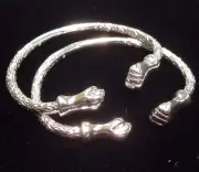 Pair Of Giant Classic Fist Head Handmade West Indian Sterling Silver Bangles