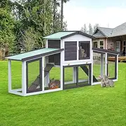 Advwin Wooden Chicken Coop Rabbit Hutch, 204x45x85cm Large Bunny Cage Pet Playpen House Enclosure with Double Side Run Boxes, Removable Sliding Tray, Ramp, for Guinea Pig and Small Animals