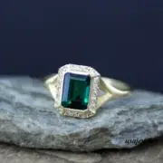 1.54CT Genuine Emerald Emerald Cut Wedding Halo Jewelry Ring 14K Yellow Gold FN