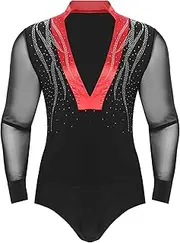 [Loodgao] Men Glitter Latin Dance Shirt Bodysuit Mesh Long Sleeve Salsa Rumba Ballroom Dancing Costume