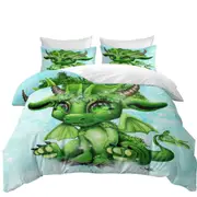 Cute Fantasy Creature Green Leaf Lil Dragon Quilt Cover