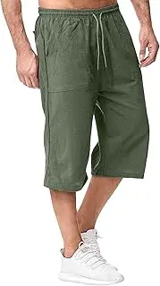 [JEShifangjiusu] Men's Causual 3/4 Long Cotton Shorts Drawstring Elastic Waist Cargo Straight Shorts Wide Leg Baggy Pants, Green A1, L