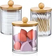 3 Pack Qtip Holder Dispenser with Bamboo Lids - Apothecary Jar Containers for Vanity Organizer Storage - Bathroom Accessories Set for Cotton Swab, Ball, pads, floss