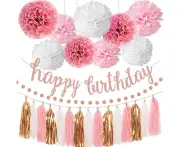 Birthday Decoration Set, Happy Birthday Garland With Spiral Decoration And Tissue Paper Pompoms Children'S Birthday Decoration For Girls And