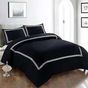 DYETEX King Size Quilt Cover Set - 3 Pcs 1800TC Brushed Microfiber Luxury Embroidered Duvet Cover Set with Button Closure - Breathable Bedding Set with 2 Pillowcases (Black/White)