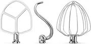 Stainless Steel Stand Mixer Attachments 3-Piece for KitchenAid Mixer and 5.5-6 Quart Bowl (KN256 6-Wire Whip, 5.5-6QT Flat Beater, 6QT Dough Hook Attachment)