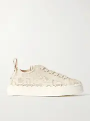 [Chloé] Chloé - Lauren Scalloped Lace, Leather And Canvas Sneakers - Off-white - IT37 IT 37 Off-white