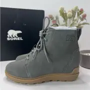 Sorel Evie II Lace Bootie Waterproof Suede Wedge Quarry, Gum Women's 6.5 NWB