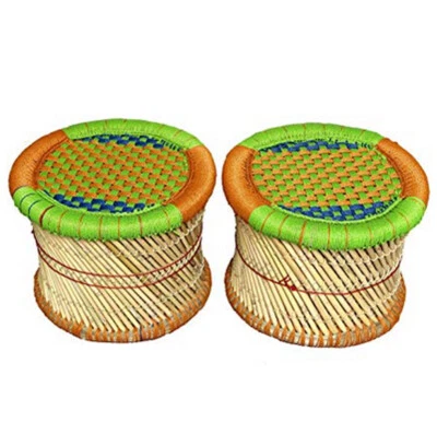 Decoretive Handmade Cane Bar Bamboo Stool Outdoor Indoor Multicolored 2 Piece
