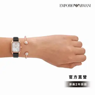 【EMPORIO ARMANI 官方直營】Gioia 珠光氣質經典撞色女錶禮盒組 黑色真皮錶帶 手錶 24MM AR80068SET