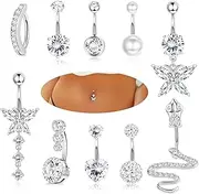 YADOCA 10Pcs 14G Belly Button Bars for Women Surgical Steel Pink Blue Belly Bar CZ Butterfly Snake Clicker Navel Rings Belly Piercing Set Body Piercing Jewellery