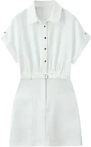 [Generic] White Shirt Dress Women Belt Button Short Dresses for Woman Summer Beach Mini Dress Short Sleeve Casual Dress