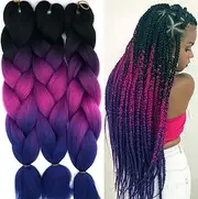 24 Inch Braids Extensions, Jumbo Braids, Synthetic Hair, 3 Bundles, Synthetic Crochet Hair, Braiding Hair, Afro Box Braiding (Black & Fuchsia & Blue Purple)