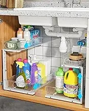 UMDONX 2 Pack Under Sink Storage Pull Out Drawers-5 Height Adjustable Option,With 4 Non-Slip Suction Cups And 2 Adhesive Strips-For Kitchen Bathroom Pantry Cabinet Organization -White