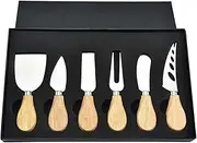 PBXZET 6-Piece Cheese Knife Set, Cheese Knives Cheese Knife Set Wooden Handle Stainless Steel Cheese Slicer Fork Spreader for Cheese Butter Pizza Cake Cutlery Cheese Knife Gift Set (Oak)