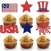 4th of July Cupcake Toppers Independence Day Cupcake Toppers Glitters Patriotic Cupcake Toppers USA Flag Red Blue Star Firework Hat Picks Toothpick Toppers for July 4th Party Decorations 18pcs