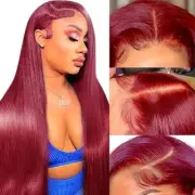 28 Inch 99J Burgundy Lace Front Wigs Human Hair 13x4 HD Lace Straight Wine Re...