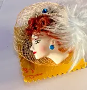 Face Brooch Artist Handmade with Rhinestones & Feathered Hat Ceramic Face 3"