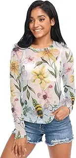 [RPLIFE] Bees Flowers Net Blouse for Women, Women's Sheer Blouses S-XXL