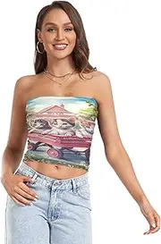 [RPLIFE] Kittens Wagon Tube Crop Tops for Women, Sexy Tube Tops, Sheer Tube Tops, Womens Summer Clothes (S)