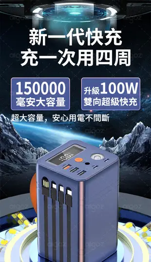 現貨 150000mAh 儲能電源 PD100W+QC4.0 超級快充 行動電源 可充筆電 移動電源 (8.6折)