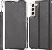 for Samsung Galaxy S22 5G Case(6.1"),Cavor Folio Flip Leather Wallet Phone Case Stand Card Holder Magnetic Closure Clear TPU Bumper Slim Thin Cover Case with Wristlet Strap- Black