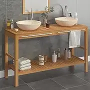 Teak Solid Wood Bathroom Vanity Cabinet, 47.2" Dual Sinks, Cream Marble Top, Towel Bar, Modern, Handcrafted