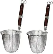 Greenjet 14 cm Diameter Kitchen Stainless Steel Fine Wire Mesh Sieve Noodle Strainer Basket, Cooking Filter Spoon Ladle for Pasta Ramen Deep Fried Food with Wood Hook Handle, 2 Pack