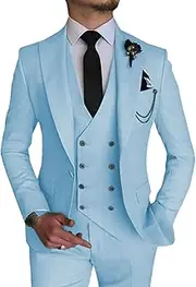 [JEShifangjiusu] 3 Pieces Tuxedo Blazer for Men 1 Button Elegant Slim Fit Single Breasted for Prom Wedding Party Stylish Suit Dress Set Vest Pants, Light Blue, S