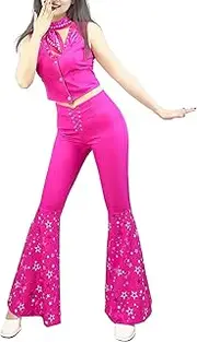 Cowgirl Outfit 70s 80s Hippie Disco Costume Pink Flare Pant Halloween Cosplay for Women Girls
