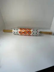 Anthropologie Poppy Roll the Dough Ceramic Rolling Pin Wood Handles 18"