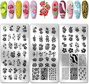 PH PandaHall 3pcs Flower Branches Pattern Nail Stamp Plate Rose Pattern Nails Stencils Stainless Steel Nail Image Plate Flowers Print Art Template for Women DIY Printing 4.7x2.3 inch