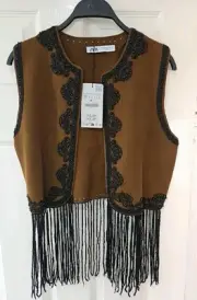 Zara Ladies Brown Embroidered Waistocoat AW24 Beads Tassles Jumper