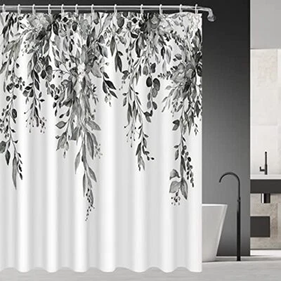 and White Eucalyptus Leaves Shower Curtains 60 x 60"W x 72"L (Pack of 1) Black
