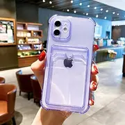 Transparent Card Slot Bag Holder Case for iPhone 13 11 12 Pro Max X XS XR SE 2020 7 8 Plus Clear Shockproof Soft Wallet Cover,Purple,for iPhone 12Pro MAX