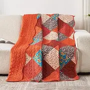 Qucover Quilted Bedspread Single Size, Multicolour Print Red Orange Blue Patchwork Quilt, Lightweight Soft Microfiber Floral Reversible Bed Throw Bedspread for All Seasons, 150x200cm for Single Bed