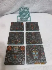 Set Of 6 Coasters With Caddy Holder Day Of The Dead Halloween New 4" X 4"