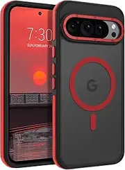 [DOMAVER] for Google Pixel 9 Pro XL Case Compatible with MagSafe Camera Lens Full Protection Wireless Charging Matte Translucent Shockproof Phone Case for Google Pixel 9 Pro XL, Black/Red
