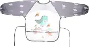 ERINGOGO Sleeved Bib for Mealtime Creative Play Smock with Food Pocket Secure Neckline for Self Feeding Mess Protection Grey Bird Design