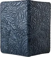 [Oberon Design] Acanthus Leaf Embossed Genuine Leather Checkbook Cover, 3.5x6.5 Inches, Navy Blue, Made in the USA