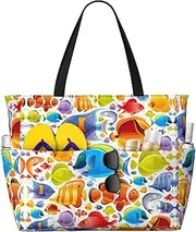 [Ghjkfbf] Cartoon Fish Print Large Capacity Beach Travel Bag For Family, Beach Tote Bag For Women With Zipper Pockets, Black, One Size