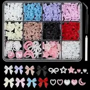 Color 3D Bow Nail Charms Assorted Mix Pink Red Blue White Black Tiny Blossom Flower Assorted Colorgul Bowknots Nail Charms Nail Heart Star Bow Pearls for Nail Manicure DIY Crafts Jewel Accessories