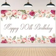 Vlipoeasn Elegant White Happy 90th Birthday Decorations for Women Rose Gold Flower Peony Photography Backdrop for 90th Birthday Party Surprise for Mother Cheers to 90 Years Old Birthday Party Supplies