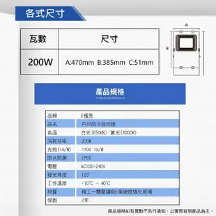 【E極亮】LED 200W 戶外投射燈 防水投光燈 IP66 全電壓 白光 黃光 1入組(LED 200W 投射燈 投光燈)