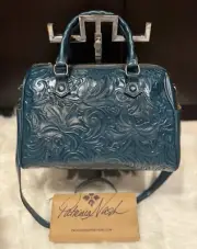 PATRICIA NASH BLUE CORAL SKYE Floral Tooled Leather Satchel Handbag P865244 NWT