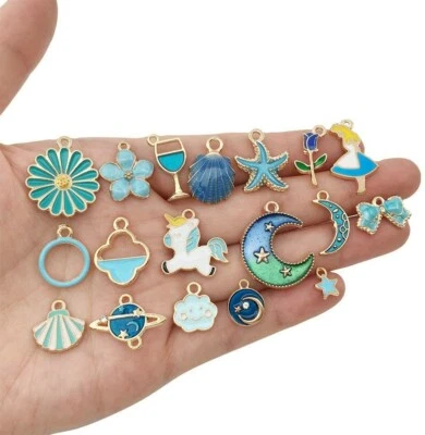 10 Enamel Gold Charms Blue Pendants Findings Saturn Set Planet Lot Celestial