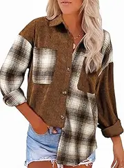 [ANN CREEK] Womens Color Block Corduroy Shacket Long Sleeve Plaid Button Up Shirt Blouse Top, Brown, Small