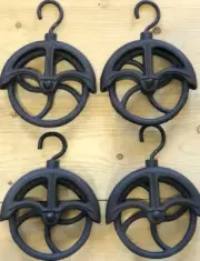 4 Rustic Cast Iron Hanging Cable Pulleys Wheel Hook Farmhouse Country Decor