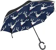 Double Layer Inverted Umbrella Cars Reverse Umbrella Christmas Deer Bow Tie Windproof UV Proof Travel Outdoor Umbrella